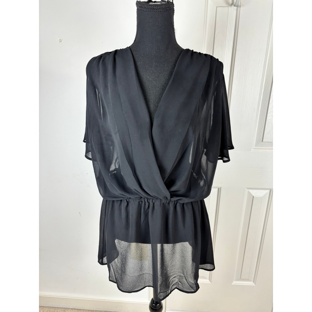 Ruby Ribbon Black Sheer Chiffon V-Neck Tunic Blouse Flutter Sleeve Large